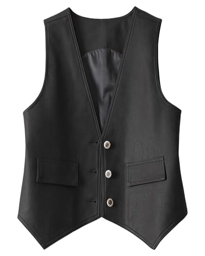 Women's Faux Leather Suit Vest V Neck Vintage Western Vest Casual Waistcoat