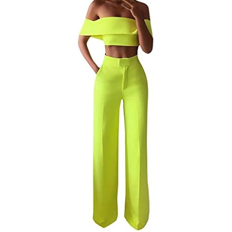 Cargo Pants Women Women Fashion Solid Cold Shoulder Ruffle Shirt Button Zipper Wide Leg Pant Suit Pinstripe Pants Women Casual Yellow Cover
