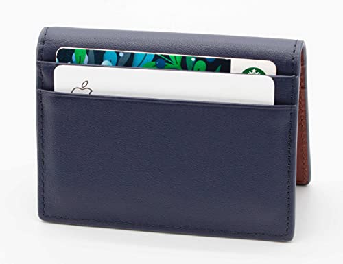 The Tanned Cow- Slim Minimalist Cardholder Wallet for Men Women, Mini Thin Leather Bifold, Compact, Front Pocket Credit Card Holder with RFID Blocking, Gift Box (Napa leather, Naval/Madder Brown)3
