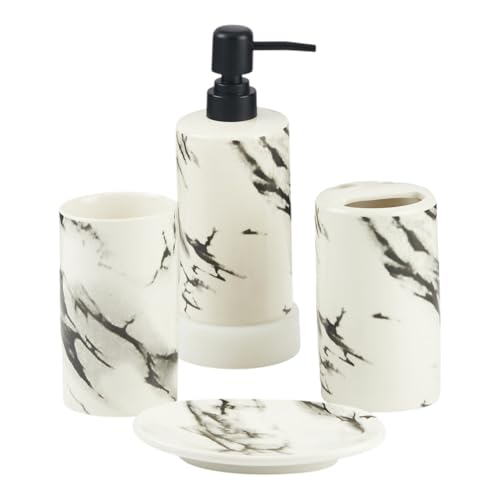 Image of SaSaSa Ceramic Bathroom Accessories Set of 4 Modern Bath Set with Soap Dispenser & Toothbrush Holder, Luxury Home & Gift Idea, White /Black (10391)