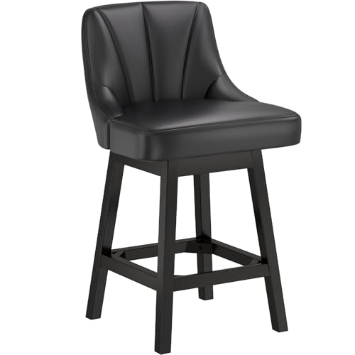 Image of YaFiti Swivel Bar Stool 1 Pcs, 26 Inch Counter Height Bar Stools with Backs, Modern PU Leather Extra Upholstered Barstools with Square Solid Wood Legs for Kitchen Island, Dining Room, Black