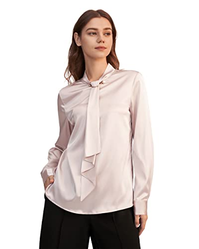 LilySilk Peach Silk Blouse Long Sleeve Feminine Stand Collar Silk Blouses for Women 19 Momme Light Beige M/8-10