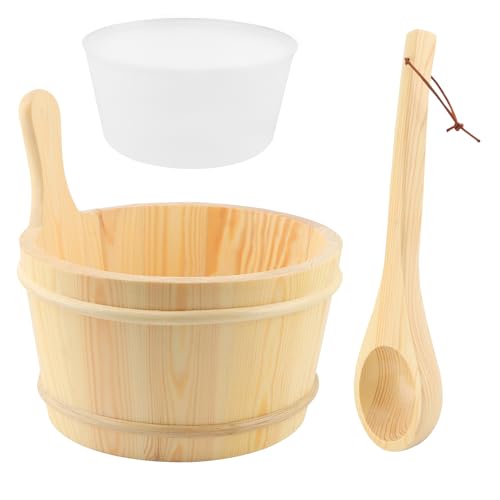 DiQiRenQin Sauna Bucket and Ladle Set with Removable Liner 1 Gallon (4L) Pine Wood Bucket Easy to Clean Sauna Accessories Kit for Indoor & Outdoor Saunas