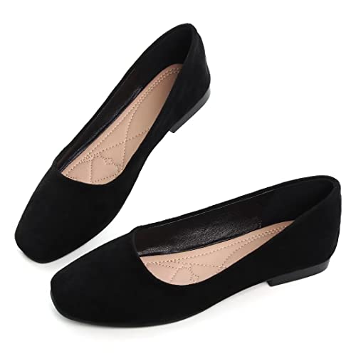 TN TANGNEST Women's Casual Flats Fashion Square Toe Ballet Shoes Comfortable Slip On Flats Black 43(10.5)