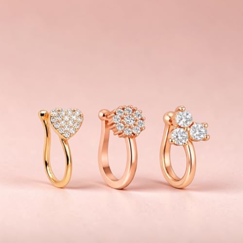 Image of Nilu's Collection Rose Gold American Diamond Non Piercing Nose Pin for Women | Elegant Flower Nose Stud | Minimal Clip-On Nose pin | Anti-Allergy | Anti-Tarnish | Office Wear | Daily Wear | office Wear | Non Piercing