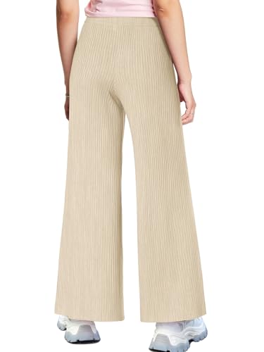 Image of Haloumoning Girls Solid Rib Knit Wide Leg Pants Elastic Waist Flowy Casual Sweater Pants 5-14 Years