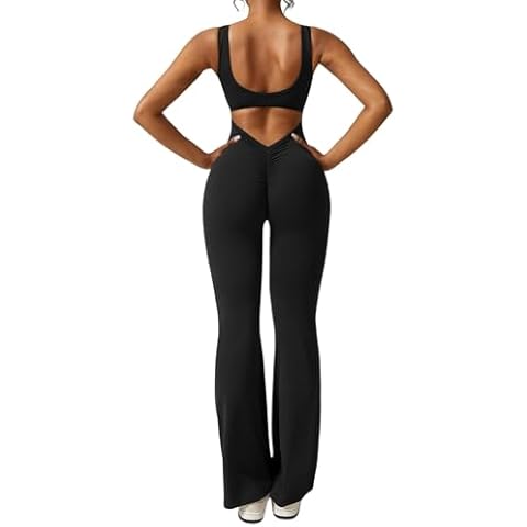 NIKDUCK Women Short Sleeve Tank Jumpsuit Bodycon Slim Fit Flare Yoga Jumpsuits (#1-Black, S) Cover