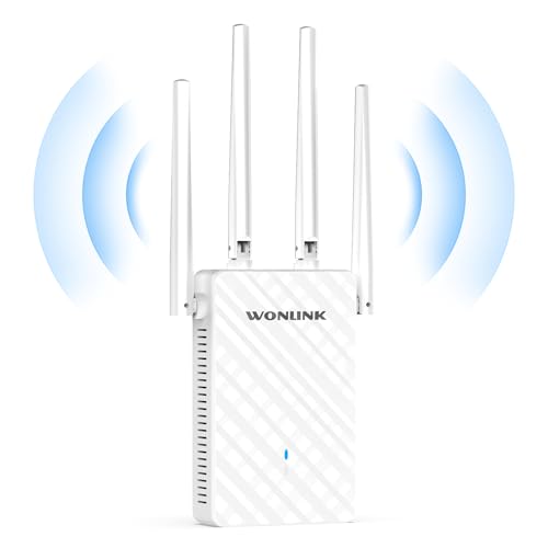 WONLINK Répéteur WiFi AC1200, Repeteur WiFi Puissant Double Bande Amplificateur WiFi avec Port LAN, 4 Antennes, WPS