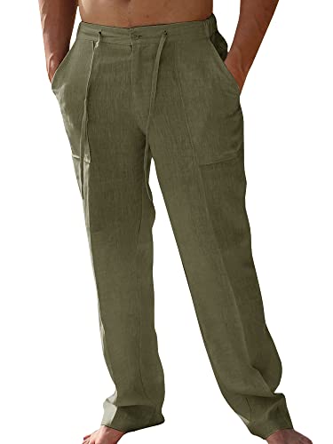 Image of PASLTER Mens Cotton Linen Pants Casual Summer Beach Pants Dress Trousers | Loose Fit, Elastic Drawstring Waist, Lightweight, Straight-Legs, Slacks, Yoga, Work, Vacation, Quick Dry