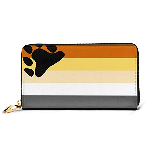 American Flag Bear Pride Flag Ladies Long Wallet Genuine Cowhide Zip Closure Card Slot Wallet