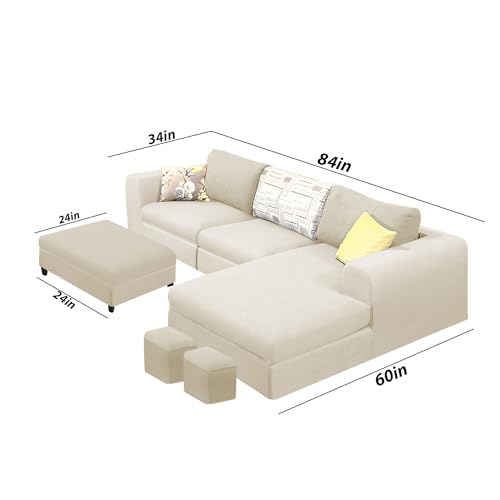 Image of Koza RHS 4 Seater L Shape Sofa Set with Center Table for Living Room (Cream Fabric) Premium Fabric Sofa