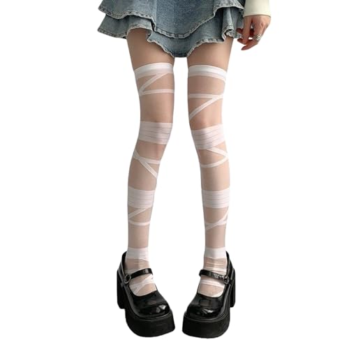 Image of Y2K Patterned Sheer Tights for Women Gothic Punk Thigh High Pantyhose Harajuku Lolita Bandage Fishnet Stockings