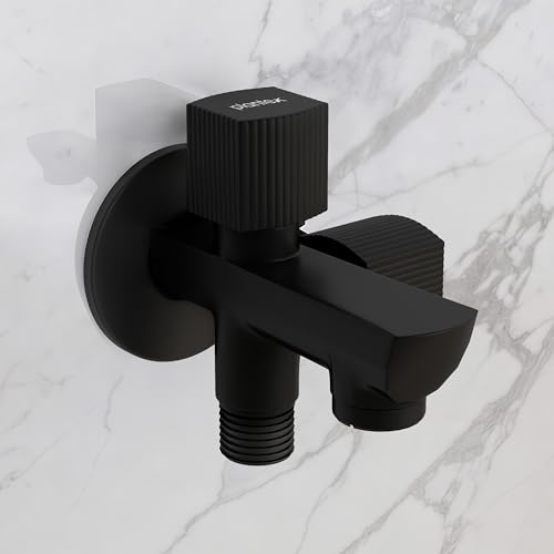 Image of Plantex Two Way Tap for Washing Machine /Quarter Turn 2 in 1 Bib Cock /Wash Basin tap with Teflon Tape and Wall Flange /2 Way Bathroom Tap with Brass Spindle - (Black)