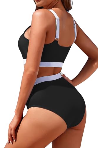 Womens High Waisted Bikini Sets Sporty Crop Top Color Block Swimwear Bandeau Scoop Neck Vintage Two Piece Bathing Suits2