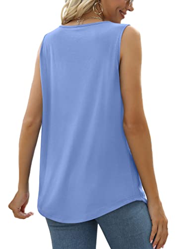 Image of Saloogoe Summer Tank Tops for Women Loose Fit Pleated Square Neck Sleeveless Tops Curved Hem Flowy
