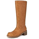 Athlefit Knee High Boots for Women Square Toe Chunky Heel Tall Riding Fall Boots Slip On Fashion Brown Booties