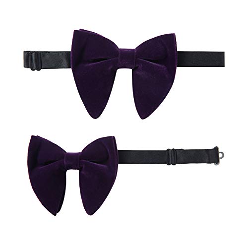 Image of GUSLESON Mens Solid Plaid Velvet Pre-tied Adjustable Bow Tie and Pocket Square Cufflink Set with Gift Box