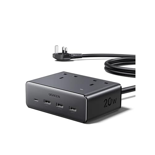 UGREEN Extension Lead with 4 USB Slots, 2 Way 2990W Max Multiple Plug with 1.5m Extension Cable, Compatible with iPhone 17/16/15/14, iPad Pro/Mini, Suitable for Home/Office, Black