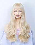 Rugelyss Long Wavy Light Blonde Wigs for Women Soft Synthetic Wig with Straight Bangs for Girls Halloween Cosplay or Costume