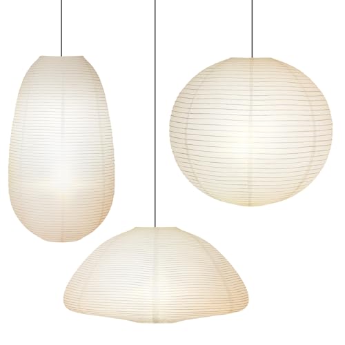 Riakrum 3 Pcs White Chinese Paper Lanterns Set 19+20+21 Inch Large Rice Paper Lamp Hanging Semicircular Elliptical Round Shaped Pendant Light Japanese Lantern for Home Bedroom Ceiling Decor