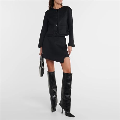 Image of Goolita Fold Over Boots For Women, Pointed Toe Stiletto Heel Knee High Boots Fashion Comfortable Slip On Tall Boots