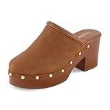 CUSHIONAIRE Guest Platform Clogs for Women, Heeled Faux Wood Mules with Studded Detailing and Memory Foam Footbed for All-Day Comfort, CHESTNUT 8.5