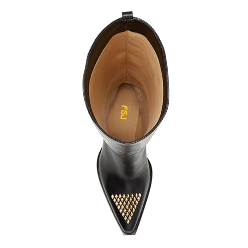FSJ Women Knee High Boots Triangle Gold Rivets Studs Pointed Toe Chunky Block Heels Sleek Leather Pull On Comfort Casual Wear Shoes Size 4-16 US3