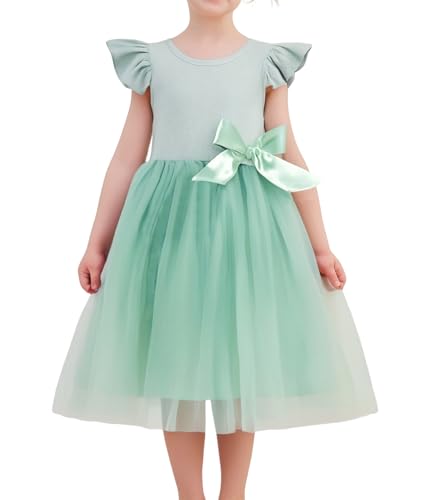 Beganly Mädchen Casual Tüll Prinzessin Kleid Kinderkleider Kleinkind Festkleider Rüschen Ärmel Bowknot Partykleider Grün 7 Jahre(Green 150)