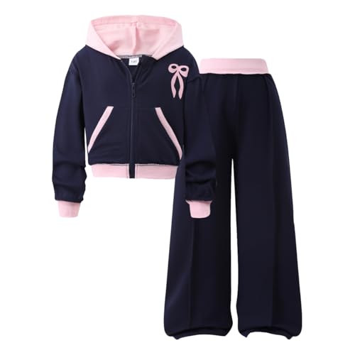 Image of Yoxindax Girls' 2-Piece Clothes Bow Print Zip-Up Hoodie Contrast-Color Wide-Leg Pants Winter 7-14Y Outfits Set