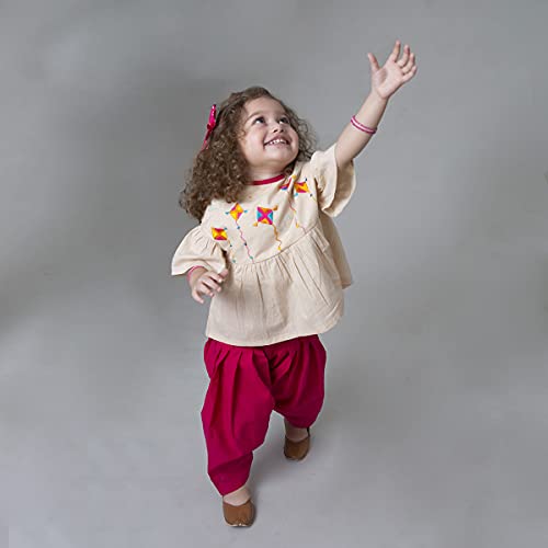Image of Tiber Taber Girl's Cotton Phulkari Top Set, Ideal for Any Festivals and Cultural Occasion