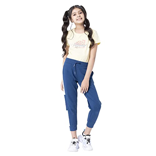 Image of Red Tape Girls' Cotton Blend Regular Fit Blue Color Block Activewear Jogger Pants