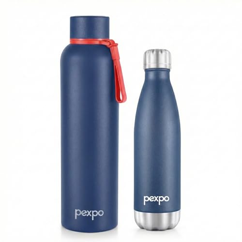 Image of PEXPO Bravo 980ml - Denim Blue and Electro 500ml - Denim Blue Stainless Steel Water Bottle ISI Certified | for Home, Office, Gym, Travelling