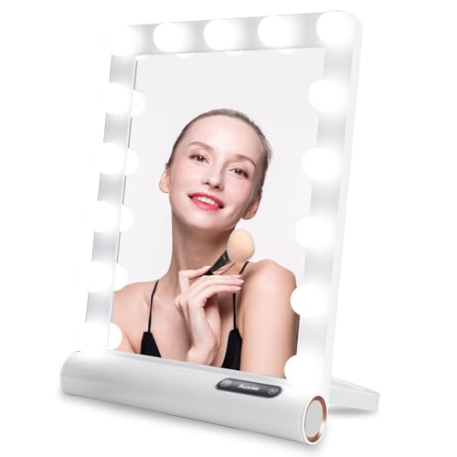 Auxmir Espejo Maquillaje con Luz, 15 Bombillas Espejo de Tocador, Espejo Hollywood 3 Colores de Luz, Control Táctil, Brillo Regulable, Espejo con Luz LED Colgar Pared Portátil, Blanco