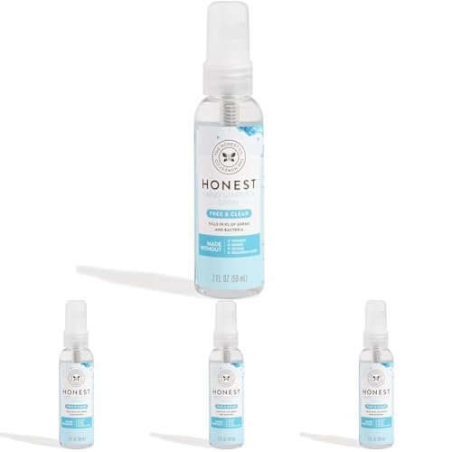 Image of The Honest Company Plant-Based Hand Sanitizer Spray | Kills 99.9% of Germs | Hypoallergenic, Quick-drying + Moisturizing | Fragrance Free, 2 fl oz (Pack of 4)