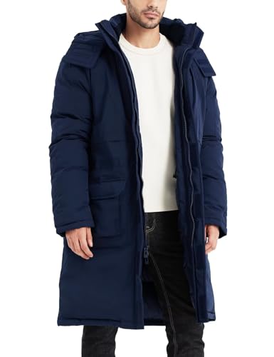 Rejork Men's Extra Long Parka Winter Coats Hooded Puffer Jacket Heavy Warm Water-resistant Outerwear Cold Weather Navy 2XL