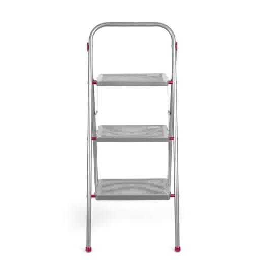 Kleeneze KL068514EU 3-Step Folding DIY Stepladder, Non-Slip Feet, Collapsible for Compact Storage, Ergonomic & Lightweight Design, Strong Steel Structure, Safety Clip, 150kg Capacity, 105cm, Pink/Grey