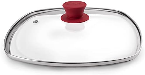 Square Glass Lid for Grill Pans with Steam Vent Hole - 10.5"-inch/26.67cm - Fits Lodge Cast Iron - Fully Assembled Universal Replacement Cover - Tempered and Oven Safe - Reinforced Stainless Steel Rim
