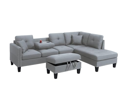 Poundex 3pc Sectional Sofa Set Linen-Like Fabric Taupe Grey