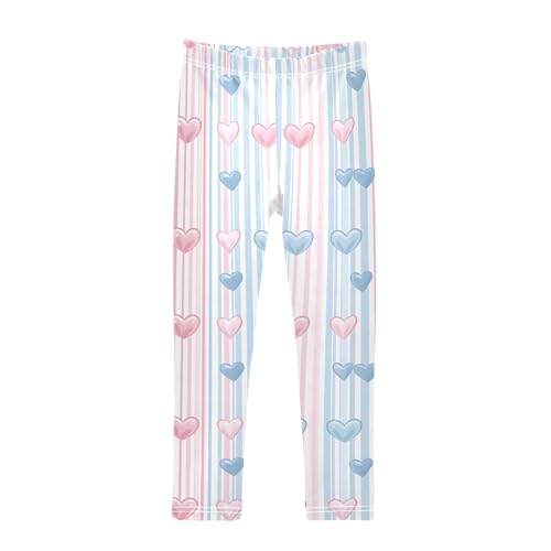 Striped Blue Pink Hearts Girls Leggings Athletic Pants Tights Stretch Bottom