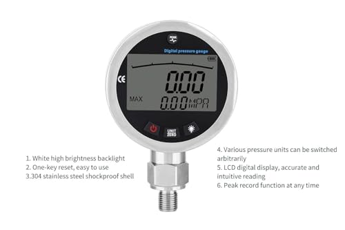 Risegun Digitales Manometer, Digitales Hydraulisches Manometer aus Edelstahl, G 1/4 Verbinder für Wasser Gas Öl, 400 Bar, 0-40 MPa, 5800 PSI, MPA/PSI/Kgf/cm² Einheitenwechsel