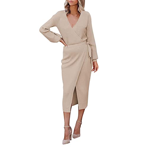 Generisch Strickkleid Mit V Ausschnitt Damen Winterkleider Damen Elegant Lang Pulloverkleid Langarm Figurbetontes Strickpullover Gerafftes Mit Gürtel...