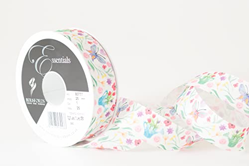 Berisfords Taffeta Patterned Ribbon ‘Flower Patch’ Multicolour on White 25mm Wide 25m Reel, White/Multi, 25mm x 25m