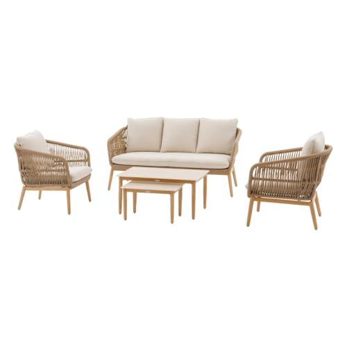 Hespéride - Salon de Jardin Orissa Taupe - 5 Places - Acier Traité Epoxy Anti-Rouille - Coussins Déhoussables - Tissu Déperlant - Mobilier Terrasse, Jardin