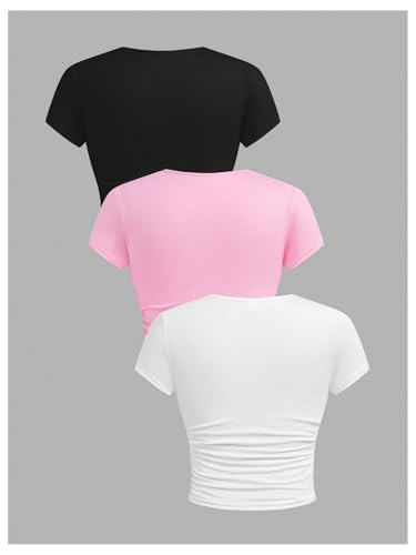 Image of SOLY HUX Girl's Basic Crop Top Set Crew Neck Short Sleeve T-Shirts 3 Packs Casual Summer Fitted Tees