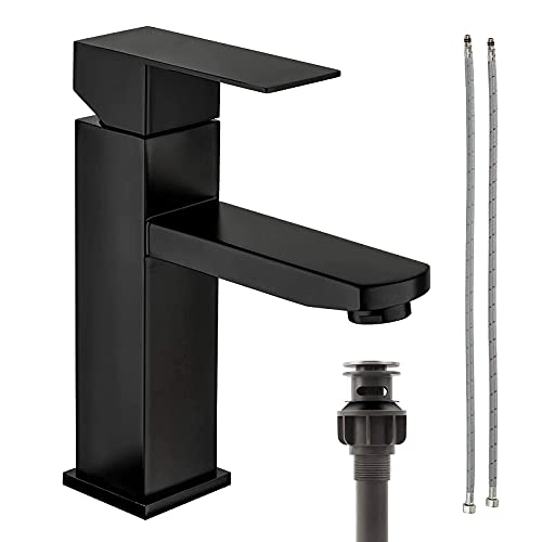 AWARA Matte Black Bathroom Faucet, Single Handle Bathroom Faucet Stainless Steel Black Bathroom Faucet, Modern Single Hole Bathroom Faucet Sink Washbasin Vanity Sink Faucet with Pop-Up Drain