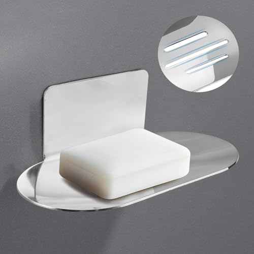 Porte-Savon Mural sans Perceuse, 14 x 8cm Acier Inoxydable Porte Savon Douche sans perçage, Mural à Coller dans Auto-Adhésif, pour Salle de Bain, Cuisine et Salle de...