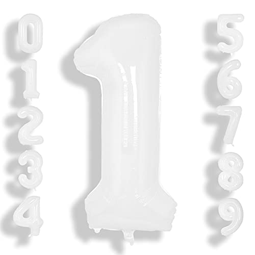 Image of SUWEN 40 Inch White Large 1 Balloon Number Big Foil Helium Number Balloons 0-9 Giant Jumbo Happy 1st Birthday Party Decorations for Men or Women Huge Mylar Anniversary Party Supplies