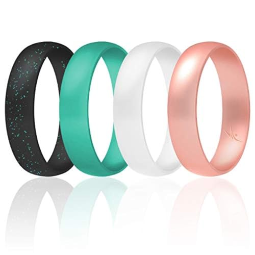 ROQ Silicone Rubber Wedding Ring for Men & Women, Comfort Fit, Men & Women's Wedding Band, Breathable Unisex Rubber Engagement Band, 6mm Wide 2mm Thick, Dome Solid Thin, 4 Pack, Black with Turquoise Glitter, Turquoise, White, Rose Gold, Size 10