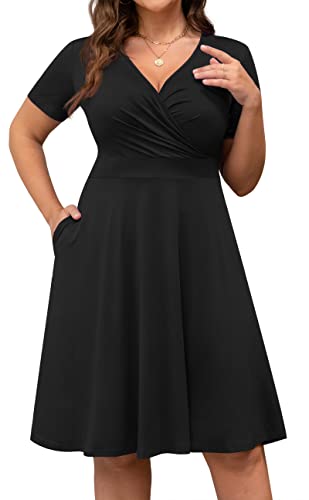 Image of POSESHE Womens Plus Size Dresses Summer Short Sleeve Wrap V-Neck Sundress Casual Wedding Guest Cocktail Dress with Pockets