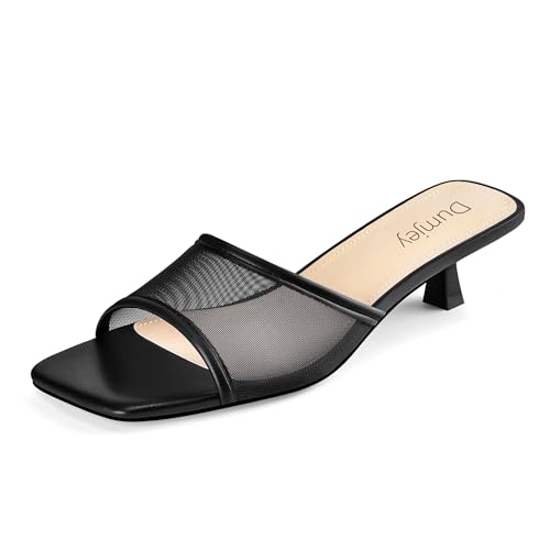 Mesh Heel Mules for Women Kitten Heeled Sandals Square Open Toe Comfort Slip On Casual Shoes
